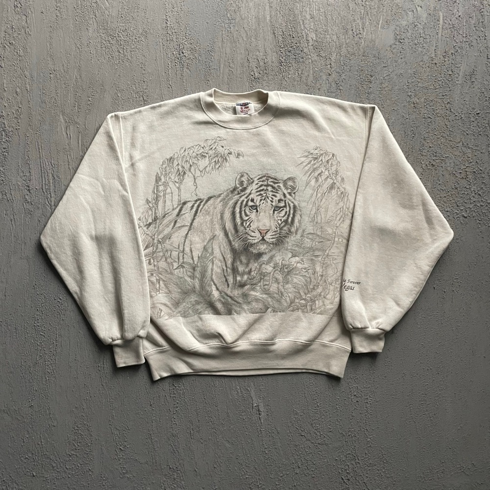 Vintage White Tiger Graphic Sweatshirt Men Large Cream 90s
